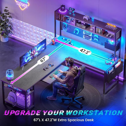 SEDETA L Shaped Desk, 94.5 Inch Home Office Desk with Power Outlet & Pegboard, L Shaped Gaming Desk with LED Light, Keyboard Tray, Storage Shelves and Headphone Hook for Home Office, Grey