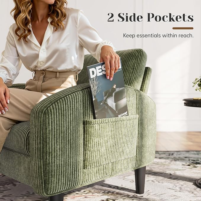 Homkdom Accent Chairs Set of 2,Mid Century Modern Reading Chair with 2 Side Pockets,Upholstered Armchair for Living Room Apartment,Small Room,Green