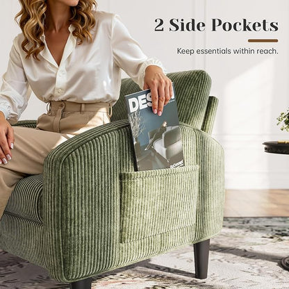 Homkdom Accent Chairs Set of 2,Mid Century Modern Reading Chair with 2 Side Pockets,Upholstered Armchair for Living Room Apartment,Small Room,Green