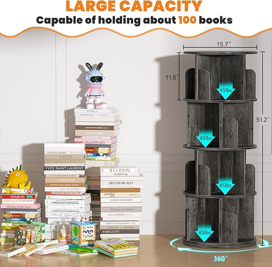 Besiost Rotating Bookshelf, Wood Corner Bookshelf, 360 Display Spinning Bookcase Storage Rack, 4 Tier Floor Standing Revolving Bookcase Narrow Book Shelf Organizer for Small Space, Bedroom, Grey Oak