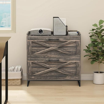 Halitaa File Cabinet 2 Drawers Lateral File Cabinet with Charging Station for Letter/Legal/A4 Size Hanging Files, Large Wood File Storage Cabinets Printer Stand for Home Office, Dark Rustic Oak