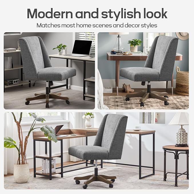 Zihanhome Upholstered Armless Home Office Chair with Wooden Legs, Modern Office Desk Chair No Arms Sewing Chair Adjustable Swivel Desk Chair for Farmhouse Office Study Studio (Dark Gray)
