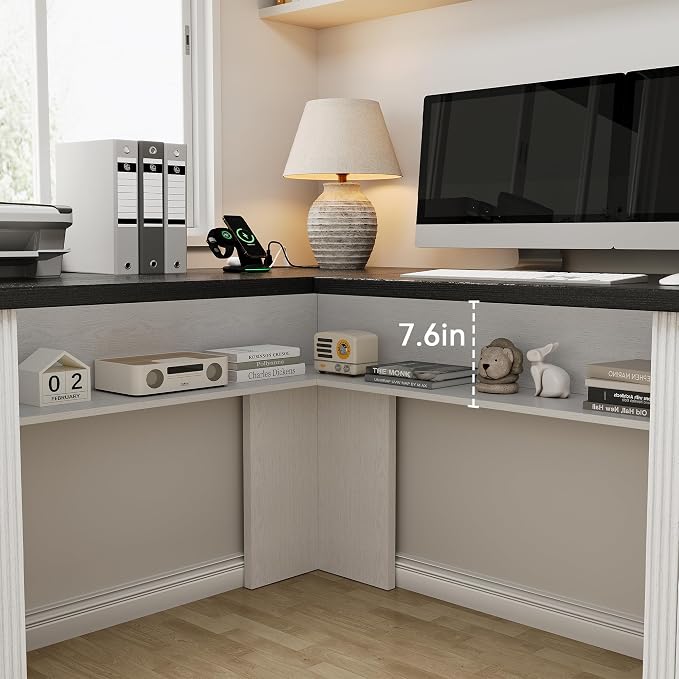 Farmhouse L Shaped Executive Desk with 4 Drawers and Charging Station, Wood Corner Home Office Computer Desk with File Cabinet Storage, Hidden Under Desk Storage Shelf, Headphone Hook - Black+White