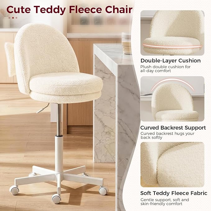 GTPLAYER Velvet Tall Office Chair with Wheels Vanity Chairs with Back, Versatile Height Use: Office to Bar Stools Small Ergonomic Comfy Armlees Computer Desk Chair with Bow Lumbar Pillow for Gift