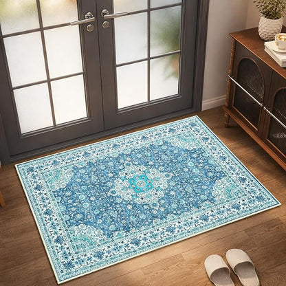 Goideal Washable Rug 2x3, Vintage Area Rugs Non Slip, Indoor Low Pile Carpet with Rubber Backing for Kitchen Bathroom Entryway Office Bedroom,Blue & Teal