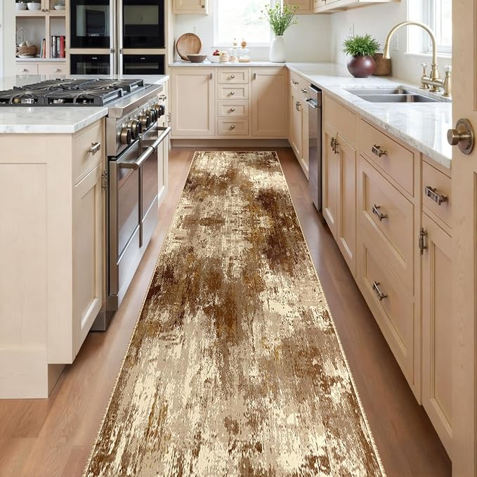 RELEANY Washable Area Rugs 2'x8' Non-Slip Modern Abstract Soft for Living Room Entryway Bedroom Kitchen, Print Pattern, Brown Tan Beige Coffee