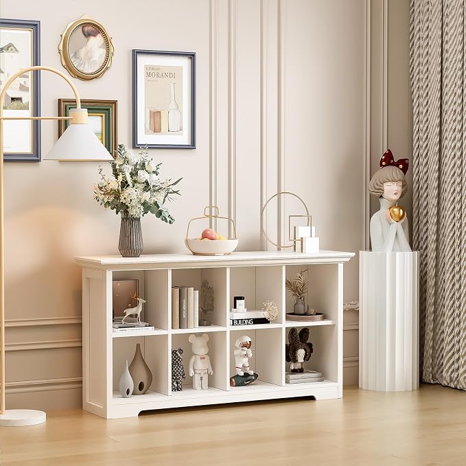 OSCHF Cube Shelf Bookcase with Base - Wooden 2 Tiers Floor Standing Low Storage Cabinet for Home and Office, 8-Cube Lattice Bookshelf, Warm White