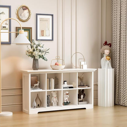 OSCHF Cube Shelf Bookcase with Base - Wooden 2 Tiers Floor Standing Low Storage Cabinet for Home and Office, 8-Cube Lattice Bookshelf, Warm White