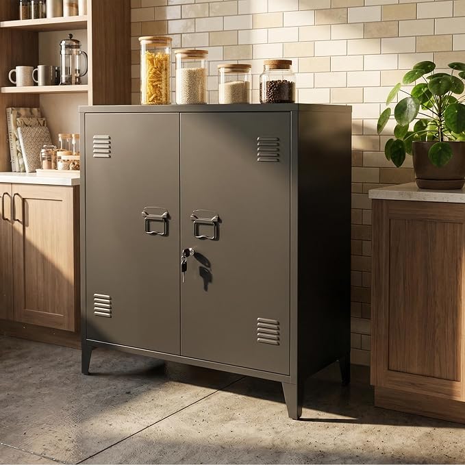Metal Storage Cabinet 35.4”H Locking Storage Cabinet (Black) | With 2 Adjustable Shelves and Doors, Small Storage Cabinet for Home School Office Garage
