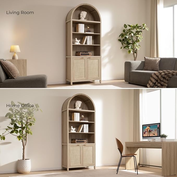 SICOTAS Book Shelf Arched Cabinet Bookshelf Arch 84.2" Tall Bookcase 5 Tier Large Bookshelves with Doors Storage Rattan Boho Wide Book Shelves Case for Living Room Kitchen Office Bedroom Library