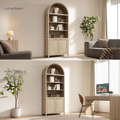 SICOTAS Book Shelf Arched Cabinet Bookshelf Arch 84.2" Tall Bookcase 5 Tier Large Bookshelves with Doors Storage Rattan Boho Wide Book Shelves Case for Living Room Kitchen Office Library