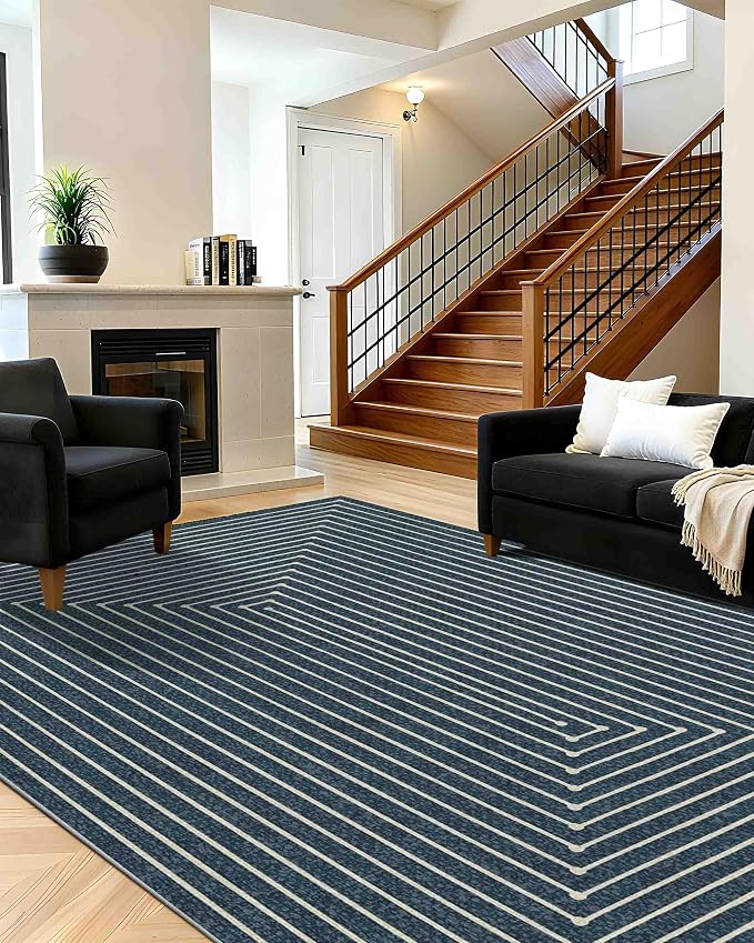 Latte&Fog 8x10 Area Rugs for Living Room, Large Modern Abstract Washable Rug, Boho Non Slip Low Pile Carpet for Indoor Bedroom Dining Room, Office, Dorm, Classroom, Farmhouse and Kids Room - Blue