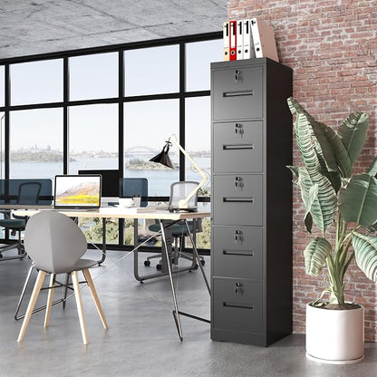 5 Drawer Metal File Cabinet with 5 Unique Locks Black Heavy Duty Locking File Cabinets Home Office Steel Filing Cabinet Vertical File Cabinets for Legal/Letter Size File,Assembly Required