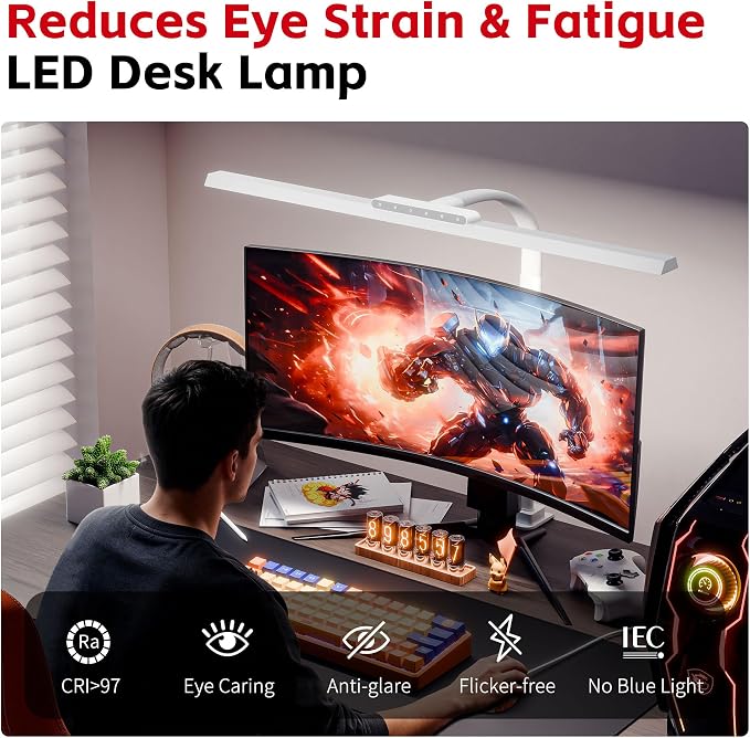 Desk Lamp with Clamp, LED Eye-Caring Clip on Desk Lights for Home Office, Tall Touch Control Dimmable Computer Light with Color Changing, 24W Brightest Architect Desktop Lamp for Screen, White