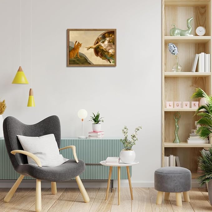 Framed Vintage Cat Canvas Wall Art, Funny Orange Cat Parody Classic Masterpiece Prints, Renaissance-Inspired Animal Artwork, Humorous Wall Decor for Living Room Bedroom Playroom – 12x16 inch