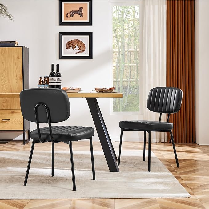 Sweetcrispy Dining Chairs Set of 6, Upholstered Mid Century Modern Kitchen Accent Chairs with Faux Leather Cushion Seat & Metal Legs for Home Office, Living Room - Black