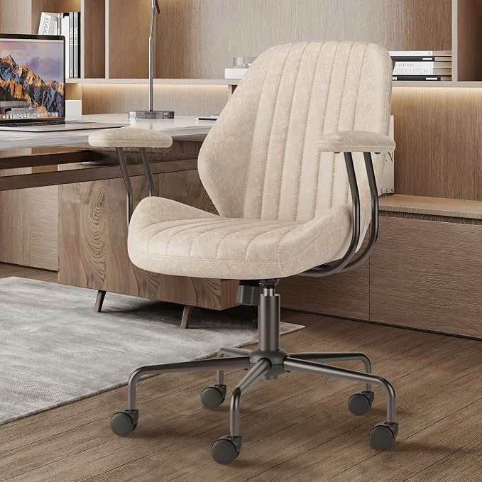 Mid Back Office Chair Mid Century Modern Executive Chair,Lumbar Support Ergonomic Home Office Desk Chair,Rolling Swivel Task Chair Task Chair Armrests Height Adjustable,350lbs (Beige)