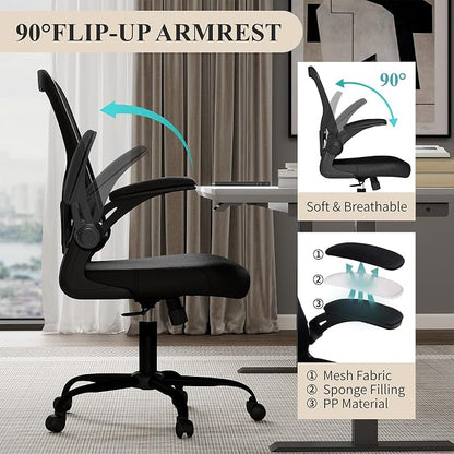 Flysky Mesh Office Chair, Ergonomic Computer Desk Chairs for Home Office - with Comfy/Comfortable Flip-up Arm Rests, Lumbar Support, Height Adjustable, 360 Degree Rolling Swivel (Black)