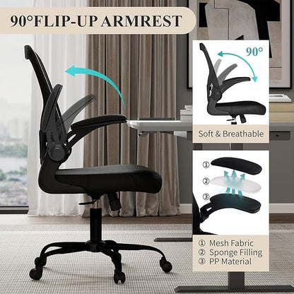 Flysky Mesh Office Chair, Ergonomic Computer Desk Chairs for Home Office - with Comfy/Comfortable Flip-up Arm Rests, Lumbar Support, Height Adjustable, 360 Degree Rolling Swivel (Black, 4 Pack)
