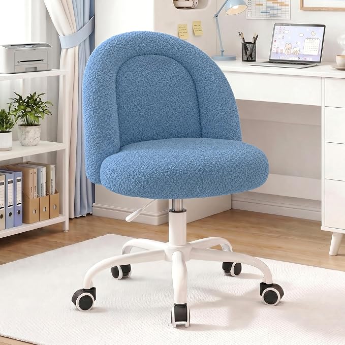 DurayLoly Cute Vanity Chair with Wheels, Ultra-Soft Teddy Fleece, Adjustable Height & 360° Swivel Compact Rolling Desk Chair for Bedroom, Vanity Table & Dorm Ink Blue