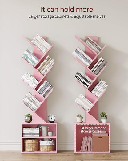 SUNMORY 6 Tier Tree Bookshelf, Small Bookcase with Storage Cabinet, Modern Tall Narrow Bookshelves Organizer, Floor Standing Book Shelf for Bedroom/Living Room/Home Office/Corner, Pink