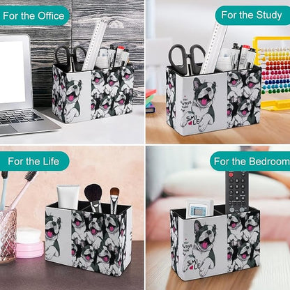 Niapessel Pencil Holder for Desk, Funny Boston Terrier Dog Pen Holder Storage Desktop Pen Organizer Desk Pencil Organizer Makeup Brush Holder for Office School College Leather