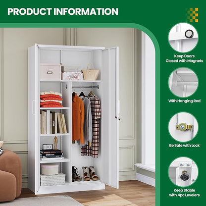 72" H Metal Garage Storage Cabinets, Lockable Broom Closet Cabinet with Hanging Rod & Doors, 5-Tier Steel Utility Cabinets for Garage, Laundry Room, Warehouse Storage, White