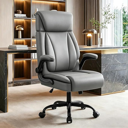 BestGlory Ergonomic Office Chair, PU Leather Executive Desk Chair with Adjustable Headrest, Flip-Up Arms and Lumbar Support, High Back Computer Chair for Home Office, Remote Work, Gaming, Grey