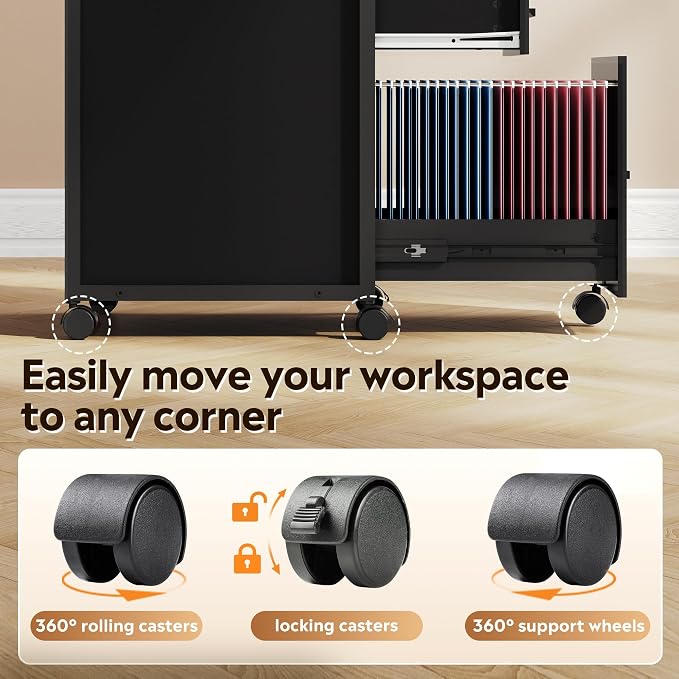 DEVAISE 3 Drawer File Cabinet with Adjustable Shelves, Rolling Wooden Filing Cabinet Mobile Printer Stand for Home Office, Black, 15.7" D x 17.7" W x 40.3" H