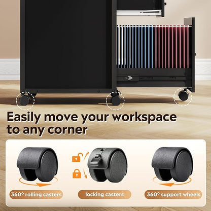 DEVAISE 3 Drawer File Cabinet with Adjustable Shelves, Rolling Wooden Filing Cabinet Mobile Printer Stand for Home Office, Black, 15.7" D x 17.7" W x 40.3" H