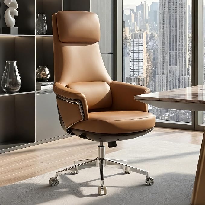 EUREKA ERGONOMIC Renee Executive Office Chair, Big and Tall High Back Fiber Leather Desk Chair with Adjustable Headrest and Lumbar Support, Comfy Computer Chair with Soft Padded Armrests, Brown