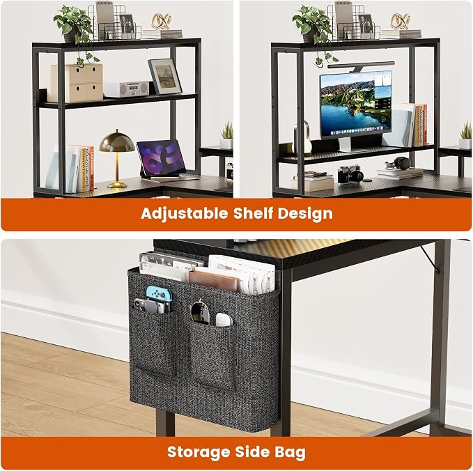 REAHOME 70 Inch L Shaped Desk with File Drawers and Reversible Storage Shelves, Computer Desk with Power Outlet & LED Strip, Home Office Desks, Writing Study Desk for Bedroom, Carbon Fiber Black