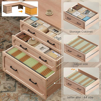 SEDETA Farmhouse 78.8" L Shaped Desk with 6 Drawers, Home Office Desk with Power Outlet, File Cabinet Storage, Wood Corner Computer Desk for Work and Study, Oak