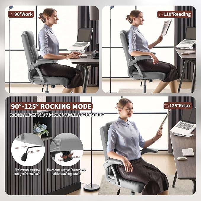 Executive Office Chair, Ergonomic PU Leather Computer Chairs, Executive Breathable Desk Chair with Padded Flip-Up Arms, 360° Swivel Rolling Chair Comfy Padded for Working Studying Gaming (Gray)