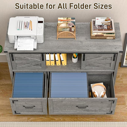 Vabches Lateral File Cabinets 2 Drawer with Sliding Barn Doors, Farmhouse Filing Cabinet with 2 Drawer for Home Office，Filing Organization Storage Cabinets for Hanging Files Letter/Legal/F4/A4.Grey