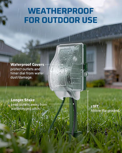 DEWENWILS Outdoor Power Stake Timer, Waterproof Dusk to Dawn Timer with 6 Grounded Outlets, 6FT Extension Cord, 1800W/15A Heavy Duty Outlet for Lights, Yard, Garden, ETL Listed