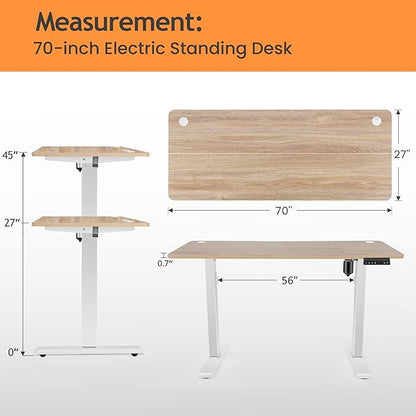 Electric Adjustable Standing Desk, 70'' x 27'' Lifting Table with Dual Crossbeam Structure and Oversized Mouse Pad, 27''-45'' Lifting Range Stand up Desk(Oak)