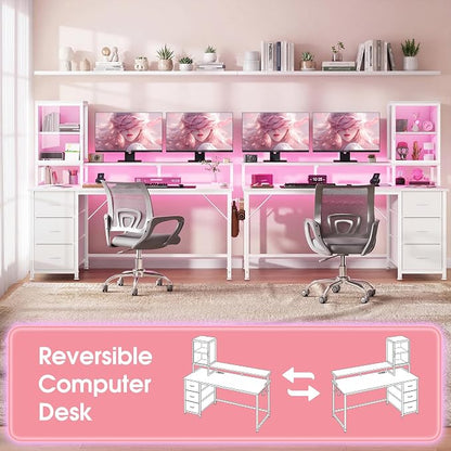 DurayLoly 47" White Computer Desk with 2 Acrylic Cabinet & 3 Fabric Drawers | Integrates Ample Storage & Display, Great Fit for Small Spaces, Outlets Suitable for Studying, Working & Gaming Equipments