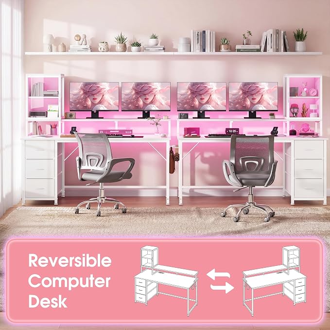 DurayLoly 55" White Computer Desk with 2 Acrylic Cabinet & 3 Fabric Drawers | Integrates Ample Storage & Display, Great Fit for Small Spaces, Outlets Suitable for Studying, Working & Gaming Equipments