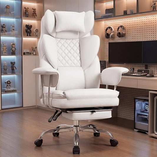 NEO CHAIR Big and Tall Office Chair Gaming Computer Chair High Back Heavy Duty Desk Chai with Lumbar Support Adjustable Recliner Footrest Wide Seat Leather Executive Home with Wheels (Leather White)