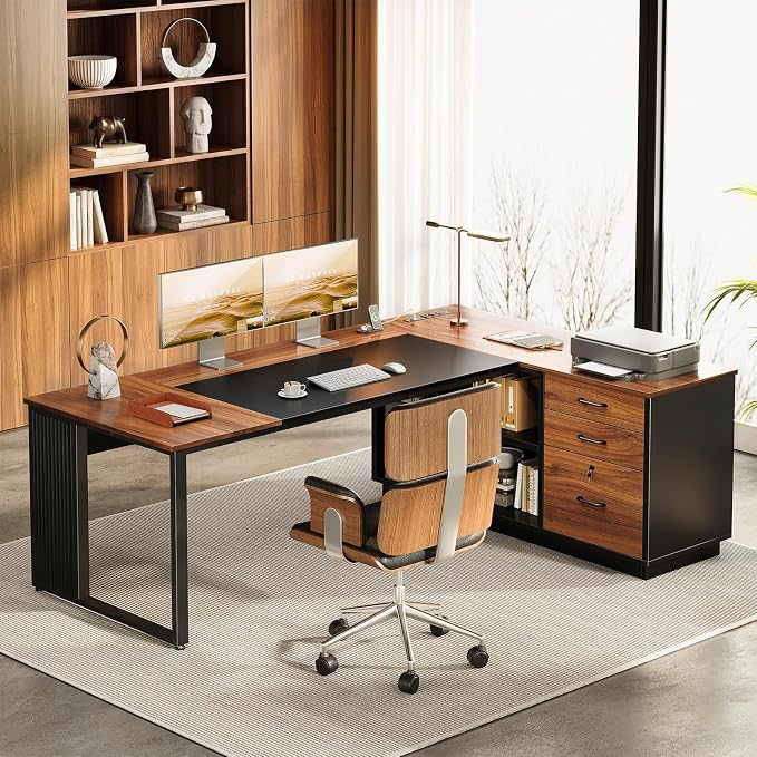 AODK 71 Inch L Shaped Executive Desk with Drawers and File Cabinet, Large Office Desk with Storage Shelves, Corner Computer Desk for Home Office, Walnut + Black