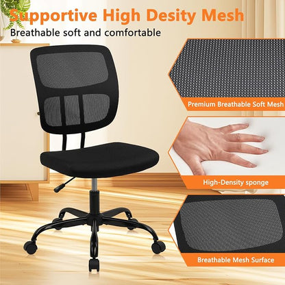 CLATINA Home Office Chair No Arms with Wheels, Adjustable Height Small Desk Chair, Ergonomic Mesh Rolling Work Swivel Chairs, 360 Swivel Computer Chair for Office, Reading Meeting Room 2PK(Black)