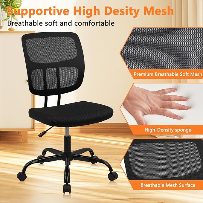 CLATINA Armless Home Office Chair, Small Ergonomic Mesh Back Desk Chair with Lumbar Support and Wheels, Adjustable Height 360° Swivel Rolling Computer Chair for Conference Waiting, Black, 8Pack