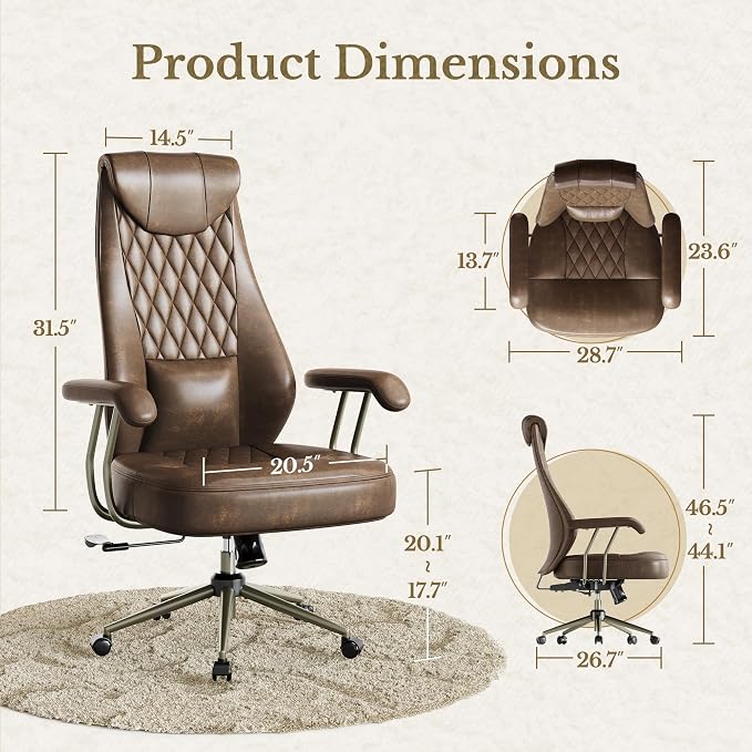 High Back Executive Office Chair, Ergonomic PU Leather Desk Chair with Integrated Headrest, Lumbar Support & Recline Function, Adjustable Swivel Computer Chair for Home Office, Brown