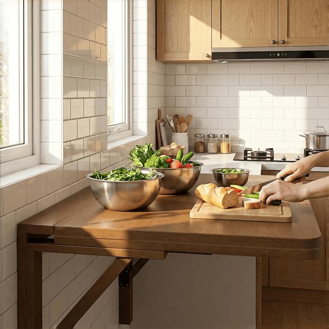 MM MELISEN Wall Mount Folding Table - 37x22 Inch, Walnut Versatile Table for Kitchen prep or Craft Studio. Solid Wood Surface Folds Flat. Perfect for Meal prep and Creative Projects