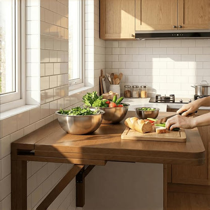 MM MELISEN Wall Mount Folding Table - 37x22 Inch, Walnut Versatile Table for Kitchen prep or Craft Studio. Solid Wood Surface Folds Flat. Perfect for Meal prep and Creative Projects