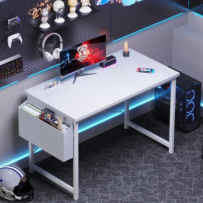 OLIXIS Computer Desk, 44 Inch Home Office Desks for Small Spaces, Writing Craft Study Gaming Table for Bedroom, Modern Computer Workstation with Storage Bag and Headphone Hook, White