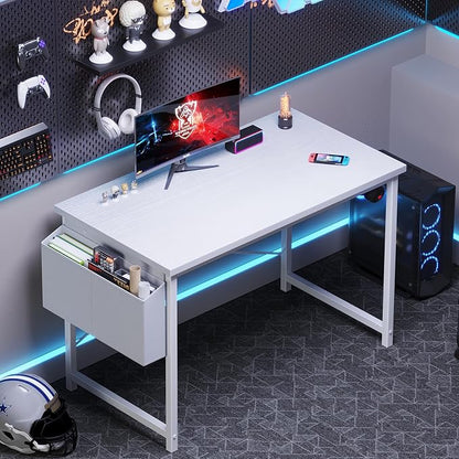 OLIXIS Computer Desk, 44 Inch Home Office Desks for Small Spaces, Writing Craft Study Gaming Table for Bedroom, Modern Computer Workstation with Storage Bag and Headphone Hook, White