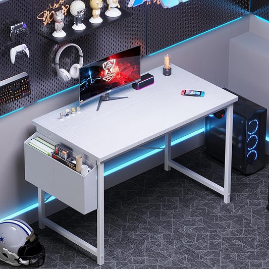 OLIXIS Computer Desk, 44 Inch Home Office Desks for Small Spaces, Writing Craft Study Gaming Table for Bedroom, Modern Computer Workstation with Storage Bag and Headphone Hook, White