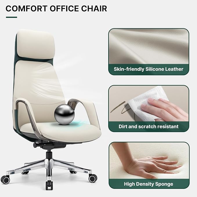 EUREKA ERGONOMIC Comfortable Office Chair Ergonomic Desk Chair, Genuine Leather Office Chair Big and Tall Executive Chair with Lumbar Support, Modern Ergonomic Chair with Wheels for Home Office- Beige